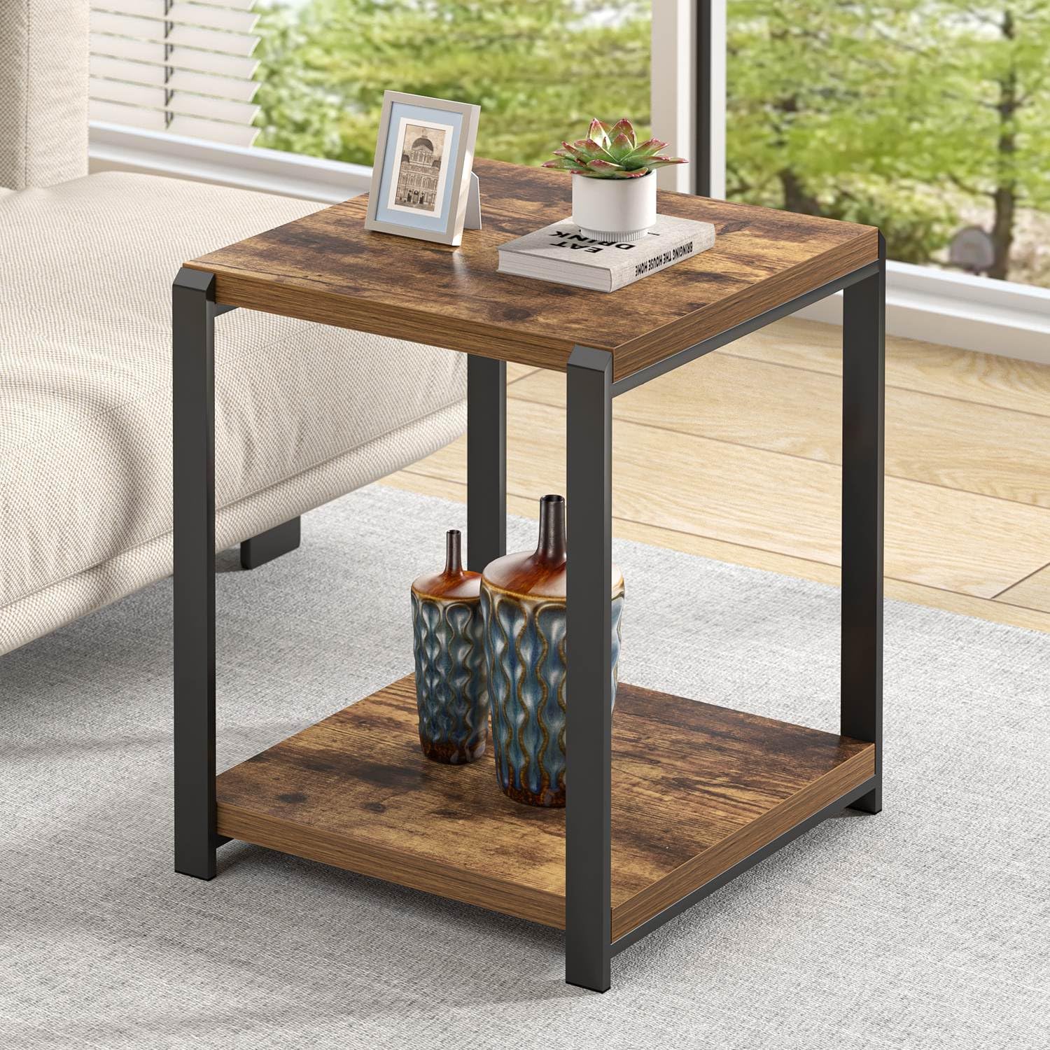 ウ*ー様 H&O ✕ GeekField ML SIDE TABLE EXCEFUR End Table with Storage Shelf, Modern Side Table for Living